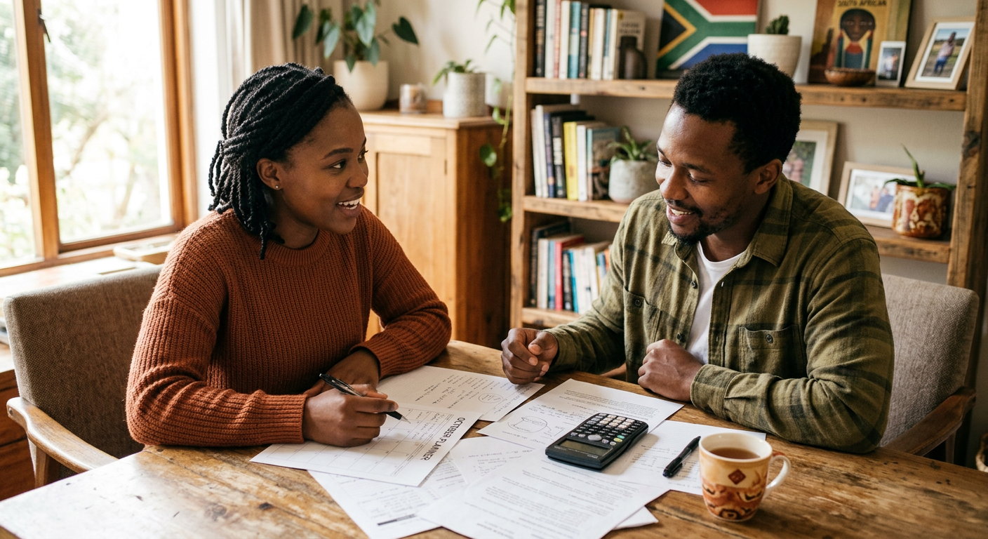 Two people at a wooden table with printed planner sheets, a pen and a calculator