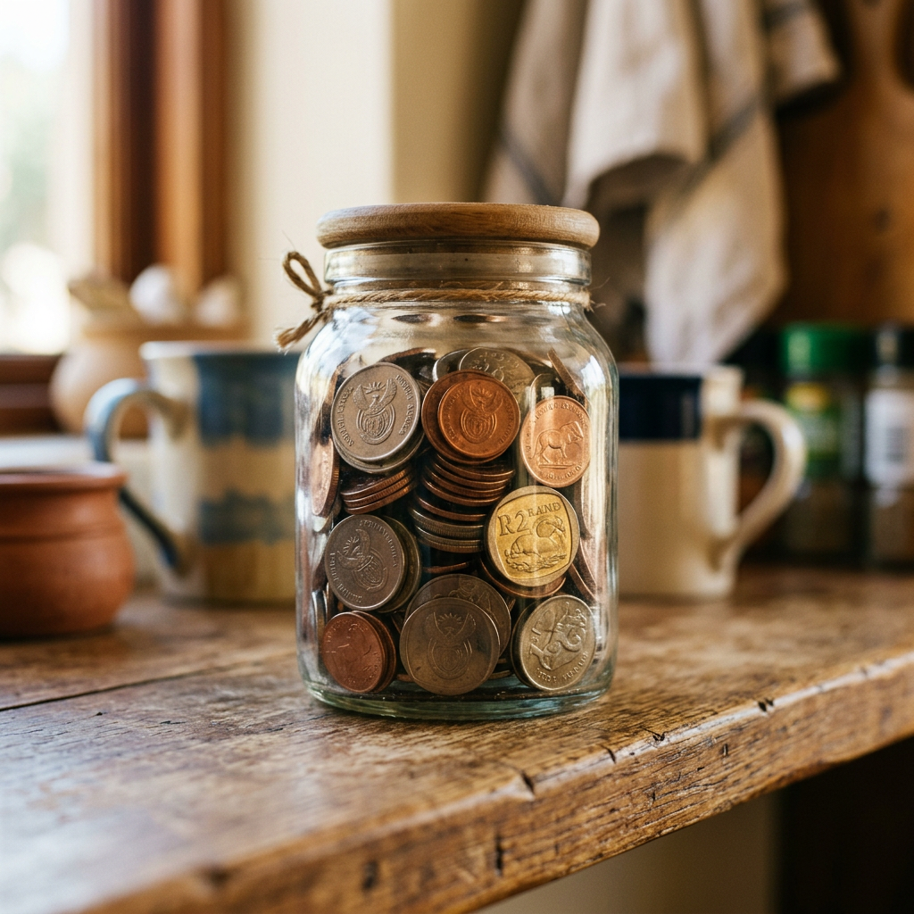 A glass jar of rand coins on a wooden shelf
