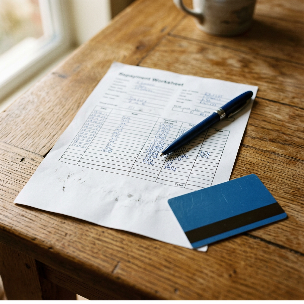 A printed repayment worksheet with a pen and a store card